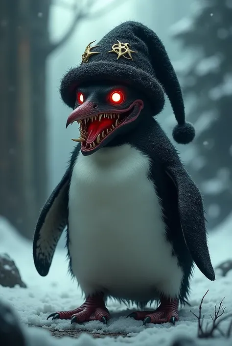 Macabre demon penguin with black Christmas hat