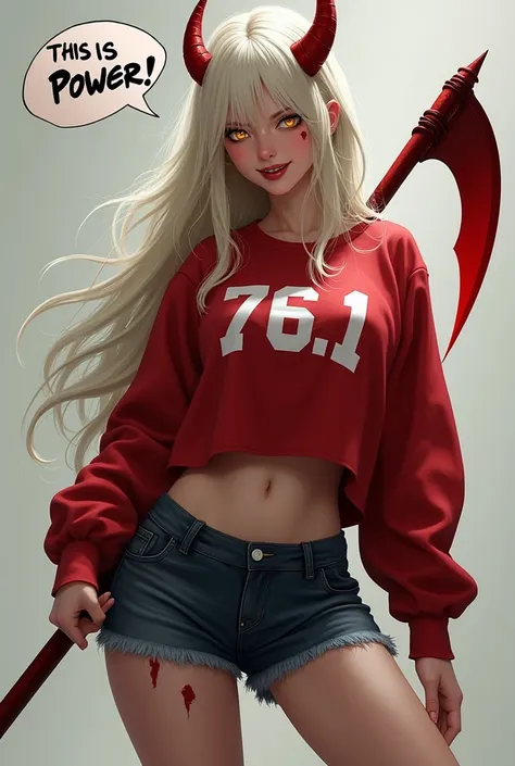 Make a woman,  with long, light skin-colored hair ,  she will have red horns and yellow eyes ,  She will be smiling with sharp teeth ,  she will have a blood-red sickle ,  her clothes are a red sweatshirt with number : "76 . 1" written in the middle of her...