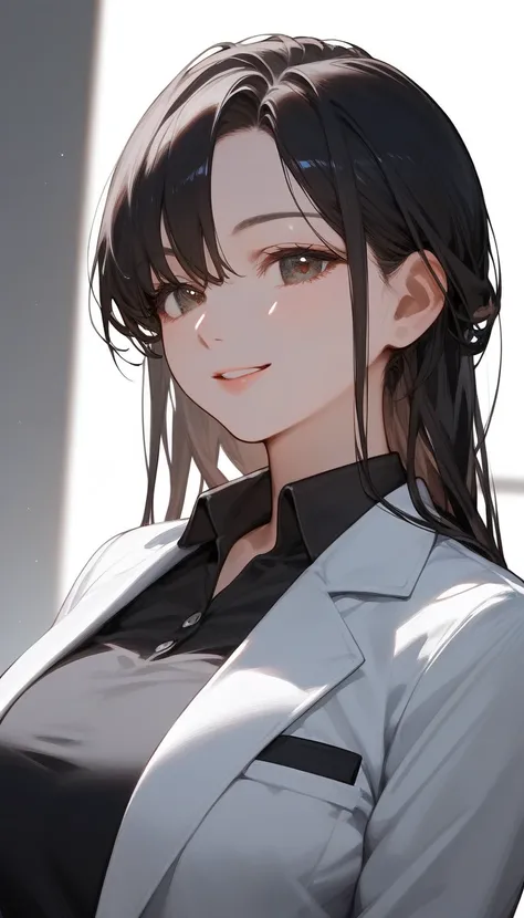 Score_9,Score_8_up,Score_7_up, perfect face, score_6_up, score_5_up, score_4_up, beautiful face, woman, (((anime))), source_anime, 30 years old, black shirt, business pants, top quality eyes, detailed texture, white background, ((big tits)), ((plump)), ero...