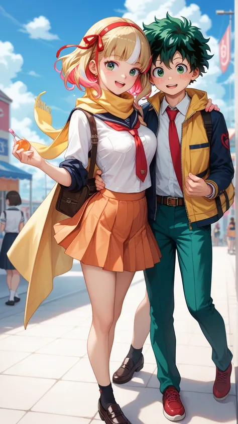  Heroaka and Arcana Heart ，woman， Midoriya Izuku and Aino Haato ， Pink and Green Two-tone Hair，Heart of Hair ， short hair ， Yellow Cloak Scarf ， red tie ，Girls&#39; school uniform， Right Hand Red Ribbon Bandage ， Orange Underwear Skirt ， Black Underwear Sh...