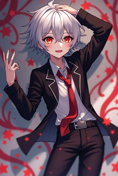  High resolution,  Close Distance , Alone,  anime boy with white hair and red eyes looking at the camera,  bright red eyes, delgado, Dressed in black clothes, Shadow body, colorful background, dirty hair, yameroyandere, diagonal angle,  smiling,  Open your...