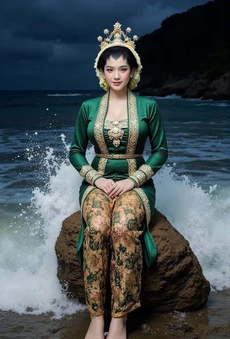  beautiful woman in traditional traditional Javanese robe dress of green color. Green Javanese traditional batik sarong. Wearing a green scarf tied to the stomach.  silver , cuffs, collar,  gold crown on his head  .  in front of the camera . nice detail . ...