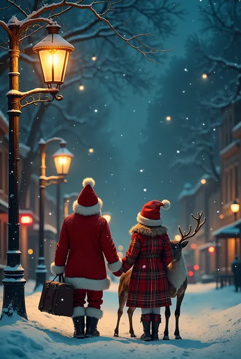 street tree、 gas light 、warm、fire🔥、。薄dark、 old couple 、bus🚌、hang on、雪⛄❄️が降る。 old couple 、 hood with their tails pulled。gloves🧤、 red 🟥 、。dark、In the sky、 they pull a reindeer 、 Santa Claus🎅、 luggage 、full、Yumemo 。The stars、 glitter、 wear a 。cold🥶、but、fun😀、p...