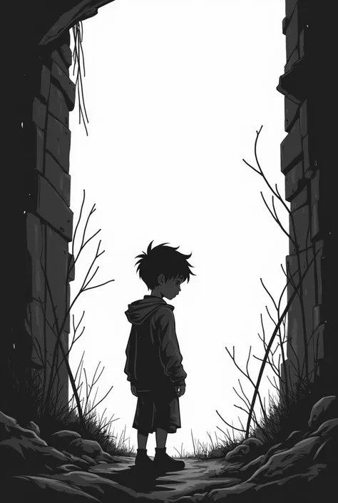 Boy Setting Up Shelter in an apocalyptic setting 

Create Without details only Black And White
CREATE WITHOUT DETAILS AND FOR THE BOOK CREATE WITH SIMPLE BLACK AND WHITE LINES
UNREALISTIC AND SHOW HIM SETTING UP THE SHELTER