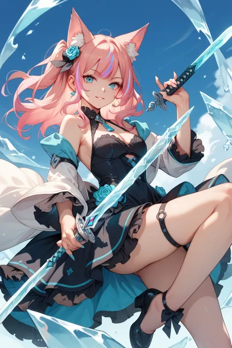 A Foxgirl with with hair and cyan and pink highlights wearing a black and cyan dress holding a ice sword