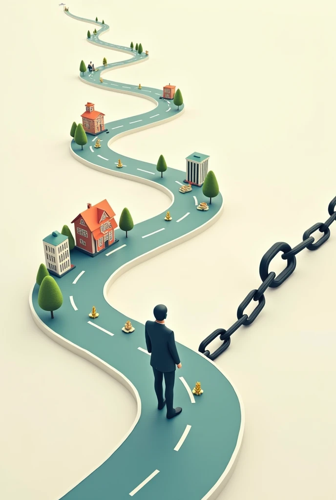  Graphics showing a traditional path with school , work and savings ,  followed by a broken chain symbolizing that this model no longer works.