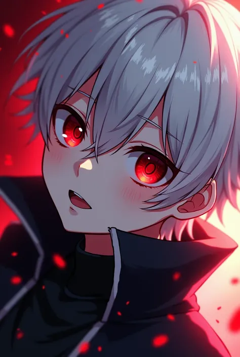  High resolution,  Close Distance , Alone,  anime boy with white hair and red eyes looking at the camera,  bright red eyes, delgado, Dressed in black clothes, Shadow body, colorful background, dirty hair, yameroyandere, diagonal angle,  smiling,  Open your...