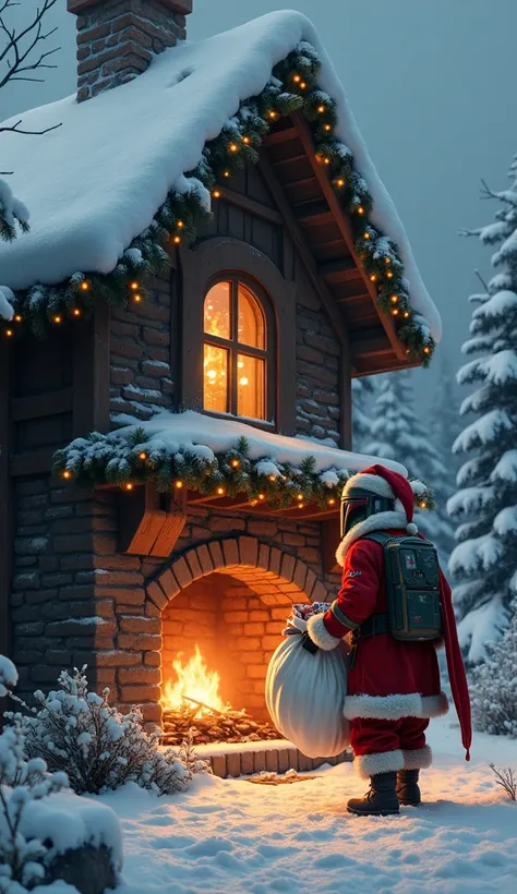  A realistic representation of Christmas ,  that features a snowy roof with a fireplace .  A character dressed in a Santa Claus costume , reminiscent of Django Fett ,  is trying to enter through the chimney ,  holding a white sack full of presents .  The s...