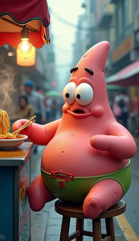 Patrick Star realistis sedang makan mie bakso di depan grobak bakso di pinggir jalan terlihat banyak orang lalu lalang background di pinggiran jalan raya kota 