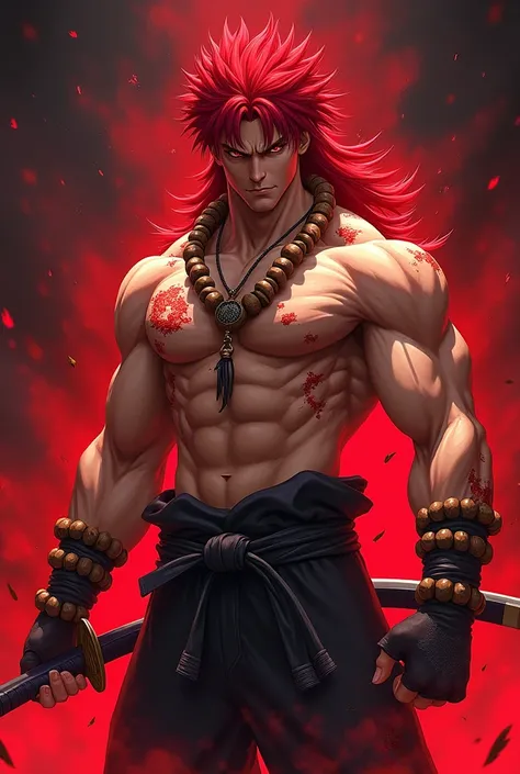 An image of Akuma from Tekken, Red hair , Bad ,  bare-chested and with a katana, anime version , red aura around  ,  necklace and bracelets in wooden spheres, scars on the body 