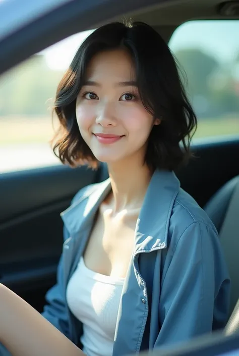 Real photo, , the corners of my eyes are raised,  Korean girl, Lightly smiling ,  청자켓, white sleeveless ,  short black wavy hair, shining morning,  sitting in the seat of a car, 매끈한 다리가 보이는,