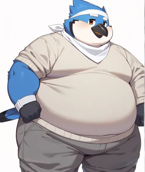 An anthro furry blue jay bird, chubby body, fat cheeks, neck fur(white), medium beak(gray), white eyebrows(white), wearing gray short pants, wearing white sweater(big), wearing white neckerchief on its neck, wearing white headband, wearing white cuffs(big ...