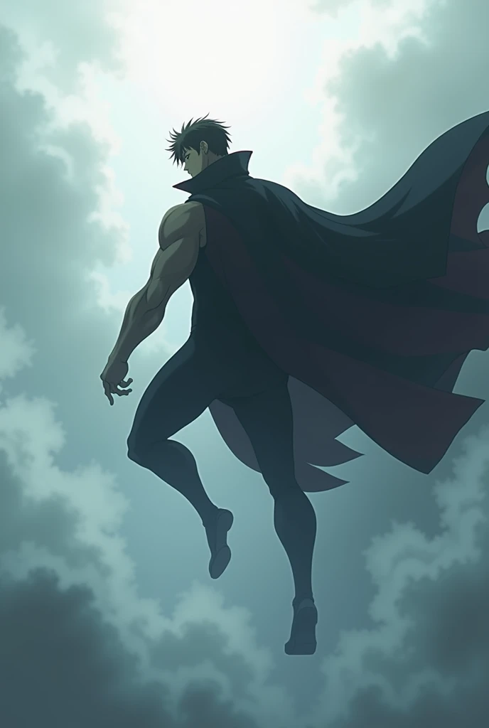 The shadow of a male character with a strong anime-inspired physique in a cape flying through the mist.