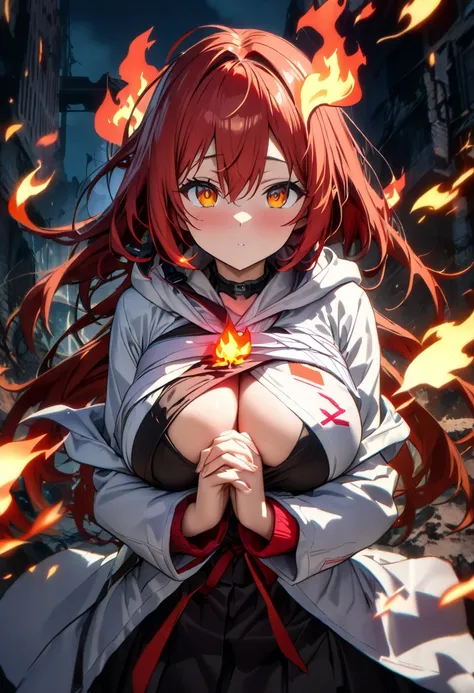 top quality, masterpiece,  high definition , 8k, Anime style girl with hoodie ,  One Girl , Detailed line drawing,  bright white and light amber style, Digital Enhancement,  close, Anime Core, Flowing flame, Flickering flames floating in front of my chest,...