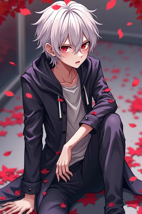  High resolution,  Close Distance , Alone,  anime boy with white hair and red eyes looking at the camera,  bright red eyes, delgado, Dressed in black clothes, Shadow body, colorful background, dirty hair, yameroyandere, diagonal angle,  smiling,  Open your...