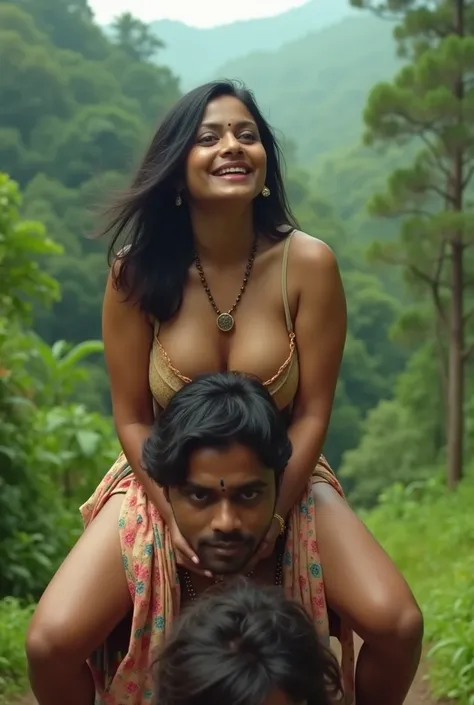 The Malayali woman sits on her servants boys shoulder, women age is 30, large breasts, Wearing micro bikinis, open salvar , Black Hair, full figure, Drunk, walking, reverse shoulder ride, wearing shoes ,hill areas, singing,  close up, dancing, Forest,  rea...