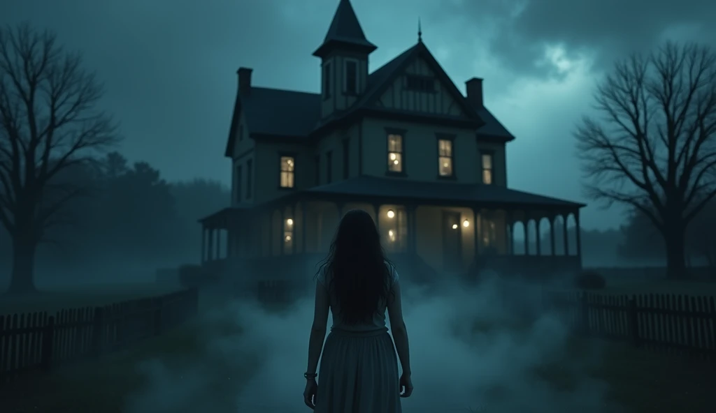 YOUNG ASIAN WOMAN IS STANDING IN FRONT OF HER SPOOKY HOUSE AT NIGHT WITH HORROR BACKGROUND AND FRIGHTENED FACE AND THERE IS THIN FOG FOR YOUTUBE HORROR TUMNEL