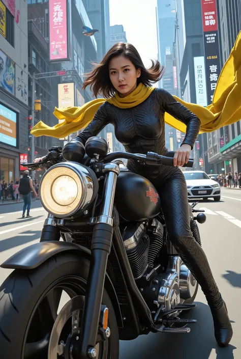   Japanese girl、 black rider suit、Yellow scarf、Harley motorbike、 Future City、 real、3d