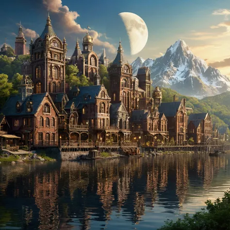 Mountainous Regions、 lakeside、 large space 、 high sky 、 moon、Shining Light、 machine city 、 Steampunk Elements 、 Victorian city vibe、 Clear Lake、idyllic 、