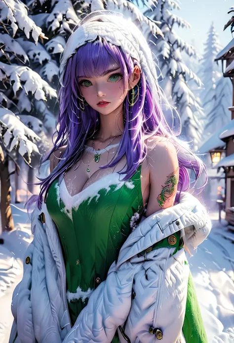 jovencitas una mountain con tiendas de campaña  tomando cafe .mountain. Lots of snow extreme cold wind .  bodies Athletic big breasts big buttocks long loose purple hair green eyes short dress pronounced neckline yellow likra 