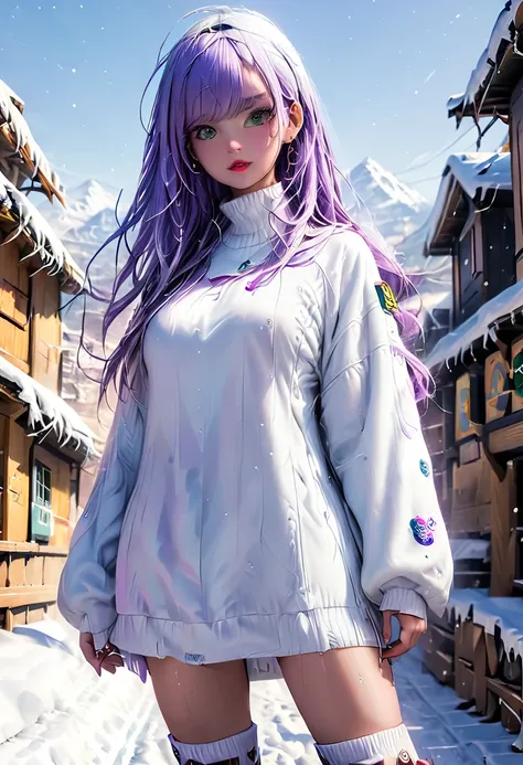 jovencitas una mountain con tiendas de campaña  tomando cafe .mountain. Lots of snow extreme cold wind .  bodies Athletic big breasts big buttocks long loose purple hair green eyes short dress pronounced neckline yellow likra 