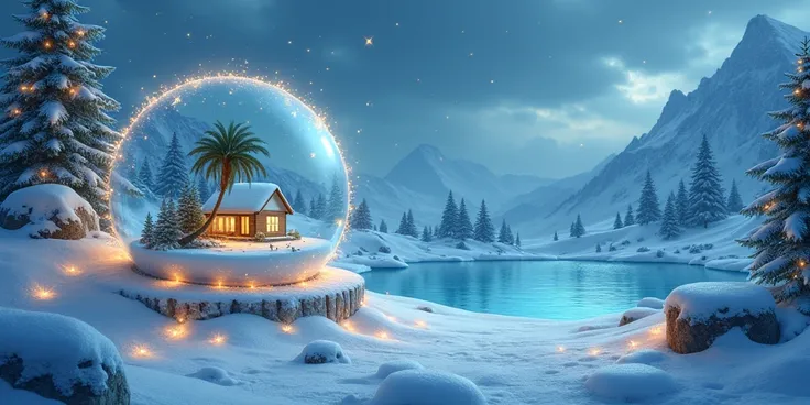 une image de Noël hivernal avec des cocotiers dans une petite boule à neige située sur le côté gauche de limage. Rajouter des décorations de Noël étoilées et brillantes. sans personnage. 
