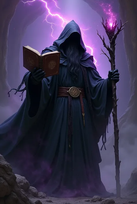 Dark wizard ,  holding a grimoire and a staff, (Black magic,  of black and purple color )