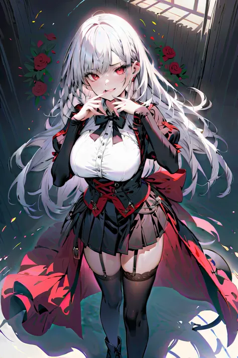 (masterpiece),( top quality),( Ultra Details ),( Best Illustrations),( best shadows),( absurd),( Detailed Background ), 1 girl, Alone, has , garter strap , thigh high socks , top- has , has -flower, boots, black headwear , black- thigh high socks , ...