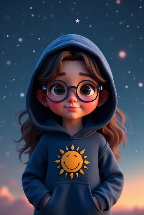 Create a chubby young girl with a dark blue hoodie with a sun design. The young girl has brown long curly hair, brown almond shape eyes, tan skin.  The young girl use glasses. The background is a starry night. The style of the design is realistic 3d. 