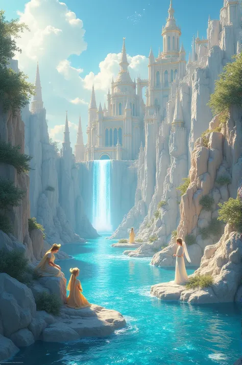  Create an image of heaven with castles and flowing rivers, and jewelry 