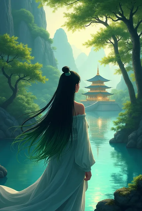 The cover of the book ( anime style) , shows a 20-year-old woman with a back and long black hair painted green.  The background, a forest with a turquoise lake and the golden temple ,  illuminated by soft, bright light and mysterious shadows . (Old Chinese...