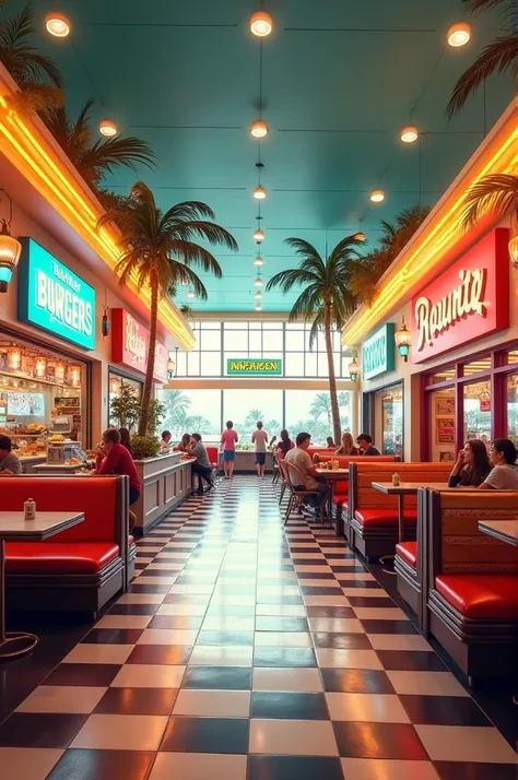 The food court in the mall has a cozy, vintage charm, with checkered tile floors and a mix of booths and tables spread throughout. Bright neon lights hang above, casting a warm glow over the area. Several food stands line the space, offering classic favori...