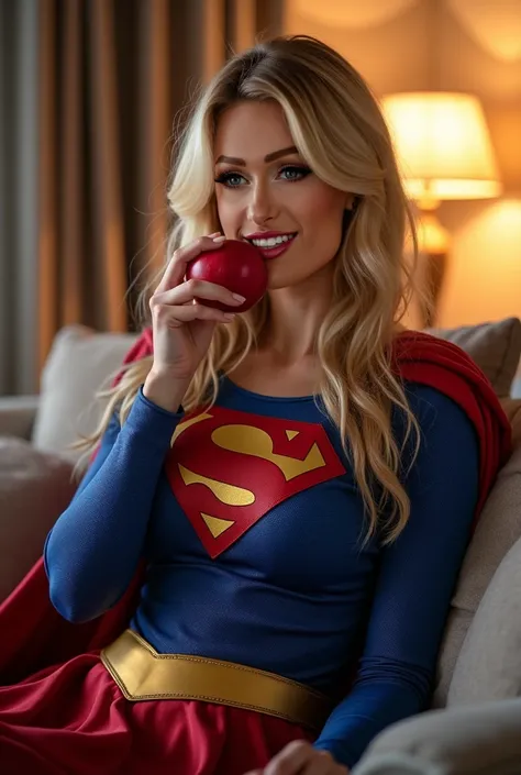 a photo of a blonde woman talking a bite from at apple, supergirl cosplay, at home , cozy sofa , soft evening light