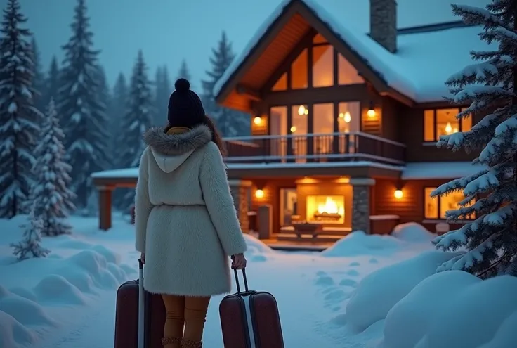 Full View of a caramel lightskin female outside of a luxury huge multi brown cabin with oversized clear windows and a luxury fireplace. It is nighttime and snowing outside.standing walking towards the cabin wearing a cream furry coat with a hoodie over her...