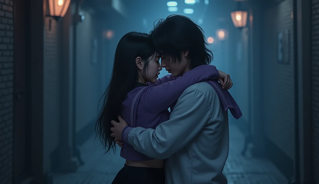  A woman in an Asian romantic relationship is leaning on a man and shedding tears.(), (1 male),  long black hair,  Man hugging a woman , ( Man in white pants ),  Woman in a purple sailor suit and black pleated skirt ), Nice guy,  cute girl,  spread legs , ...