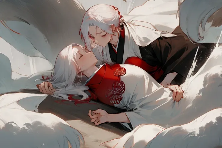 A red-haired female character wearing a Japanese dress is holding her dying white-haired brothers body in her arms.