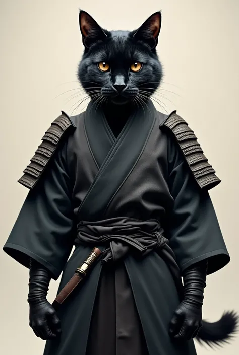 Imagine a black humanoid cat in samurai clothing seen from the front, the cat would be staring at the camera with a serious expression on its face.