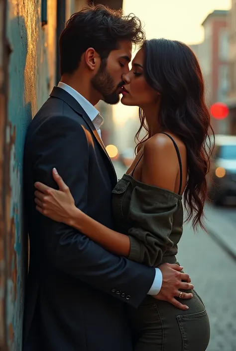 An image of a man wanting to kiss a young and sexy woman who is leaning against a wall wearing urban clothes