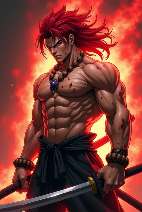 An image of Akuma from Tekken, Red hair , Bad ,  bare-chested and with a katana, anime version , red aura around  ,  necklace and bracelets in wooden spheres, scars on the body , blood