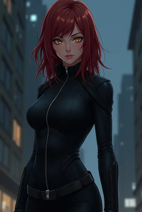 From Marvel Anime Girl, Black Widow, F Black Jacket Zip, small breasts, tight clothes, night background,.