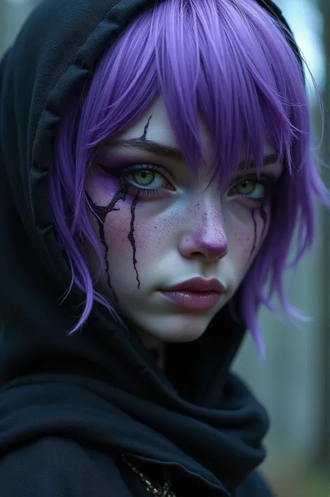 A half drow ,  with purple skin with a scar above the nose, short and half purple hair , and light green eyes