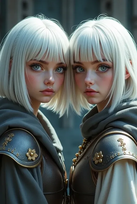  two twin sisters young women with white hair in a bob cut that are identical with the beauty of one of a sorceress , gray and big eyes dressed in the clothes of warriors and swords    