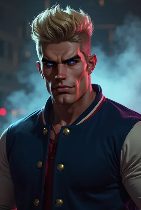 A man in his 42, broad shoulders, blonde hair, pompadour, purple eyes, magic eyes, strong jaw line, confident, bulky muscular, baseball jacket, square features, full body, cuerpo entero, menacing, drawing, intimidating, eyes leaving a mist