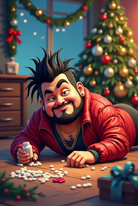  Cartoon with many details and colors of Farruko on the floor of a room with Christmas decoration,with a bottle of pills in his hand 