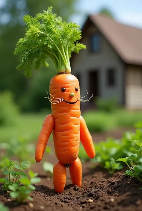 "A whimsical and creative outdoor scene featuring a humanoid figure made entirely of fresh carrots. The figure has a cheerful and playful expression, with a small carved smile, button-like eyes, and thin, whisker-like strands. Its body is constructed from ...