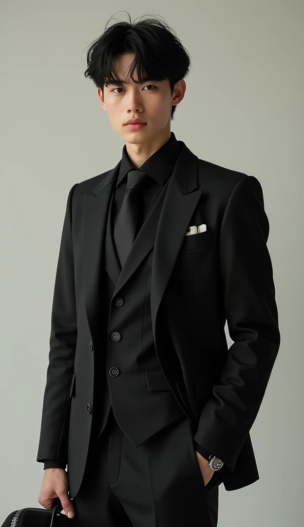  ultra realistic image,  an attractive 26-year-old man ,  dressed in an elegant black suit with decorative accessories and with his hand carrying a dark wool bag. His beige skin is .  Medium-sized messy black hair and deep white color . 