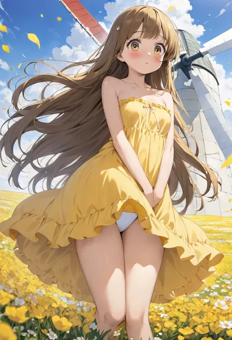  top quality、 anime painting、One girl、One fat man 、whole body、A man takes off a girls clothes、 very small breasts、Slim body、Long neck、large round eyes、 Smooth Long Hair、 Yellow Dress 、Flower Field、windmill、Strong winds、 white panties、blush、 Shy Girl 