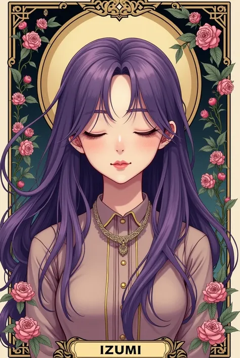  Tarot-style card of a girl of 25 , semi-realistic classic manga style 
 improved :1.5)0.9], ( Background with flowers :1.2) (Long purple hair  :1.1) (shades purple with gold  :1.0) ( eyes closed:1.0)  , Clothes elegant shirt and the girl has to face her f...