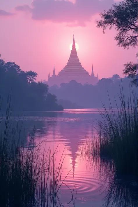 The edge of the lake was fringed with reeds, the background is uphill white Shwedagon pagoda in distance, backlit lighting, violet hour