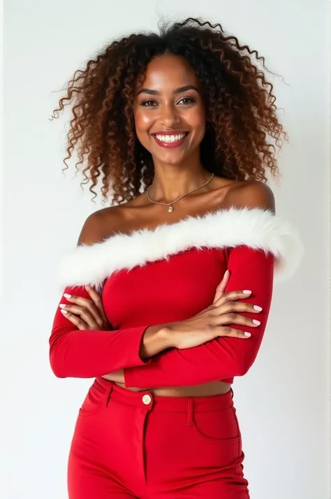 Woman, 30s, Brazilian, Perfect Smile, Clear Eyes, Curly Brown Hair, Fit, Christmas Outfit, Red and White Outfit, Posing for Photo, Arms Crossed, Solid White Isolated, High Quality, 8K, High Resolution, Clear, Hasselblad X1D-50c, -air 4:5